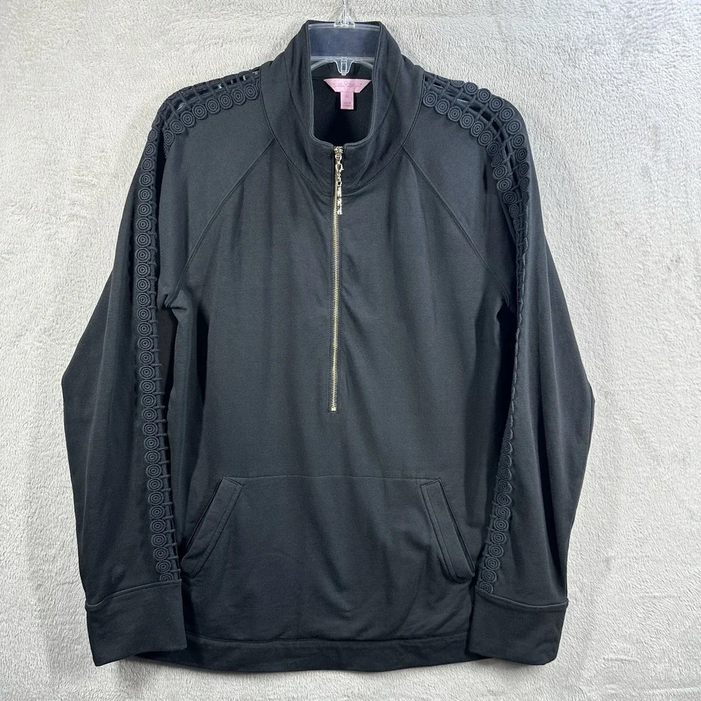 Lilly Pulitzer Sweatshirt Women's L Black Half Zip Top Cut Out Details Pocket - Picture 1 of 8